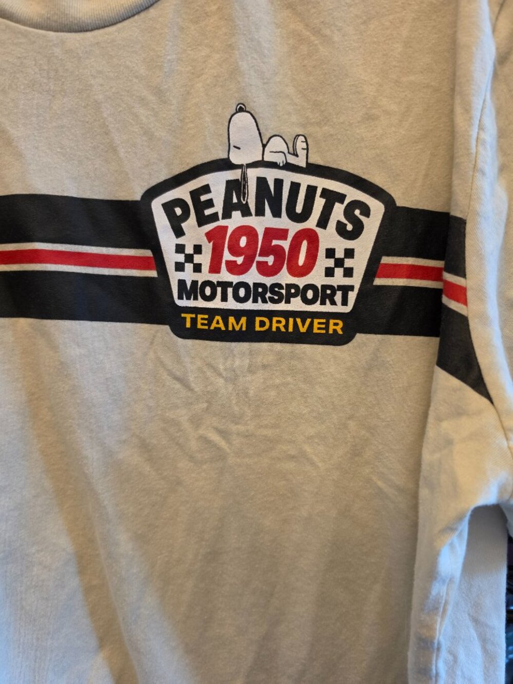 Mens Peanuts 1950 motorsport team driver snoopy t-shirt tee sz L